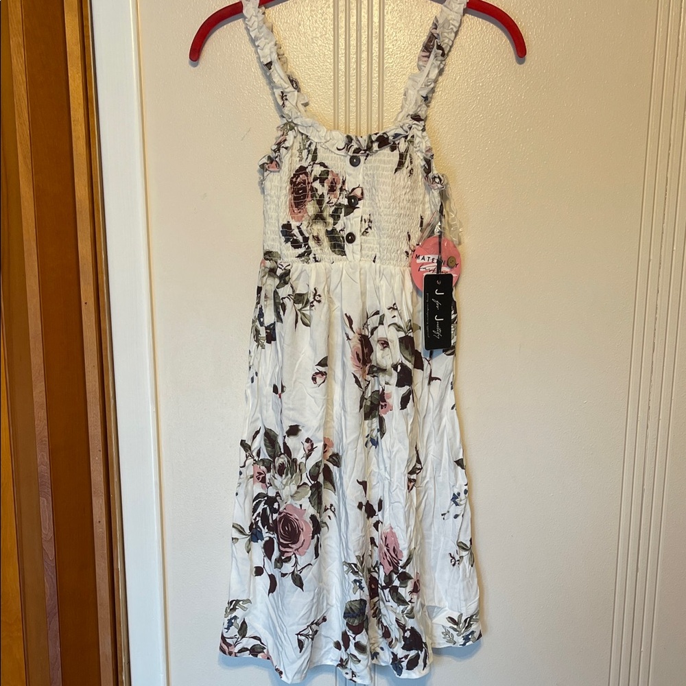 J for Justify White Floral Ruffle Sundress with Pink/Brown Print